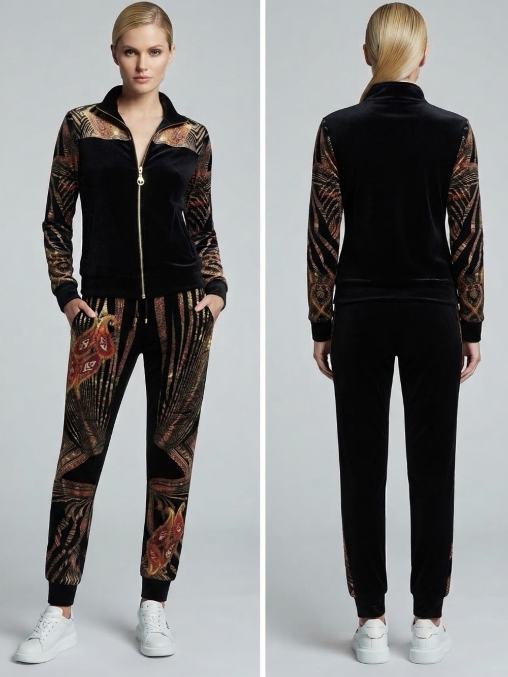 SALE🔥WOMEN VELOUR TRACKSUIT SET JACKET/PANTS BLACK/MULTI POCKETS LOUNGEWEAR